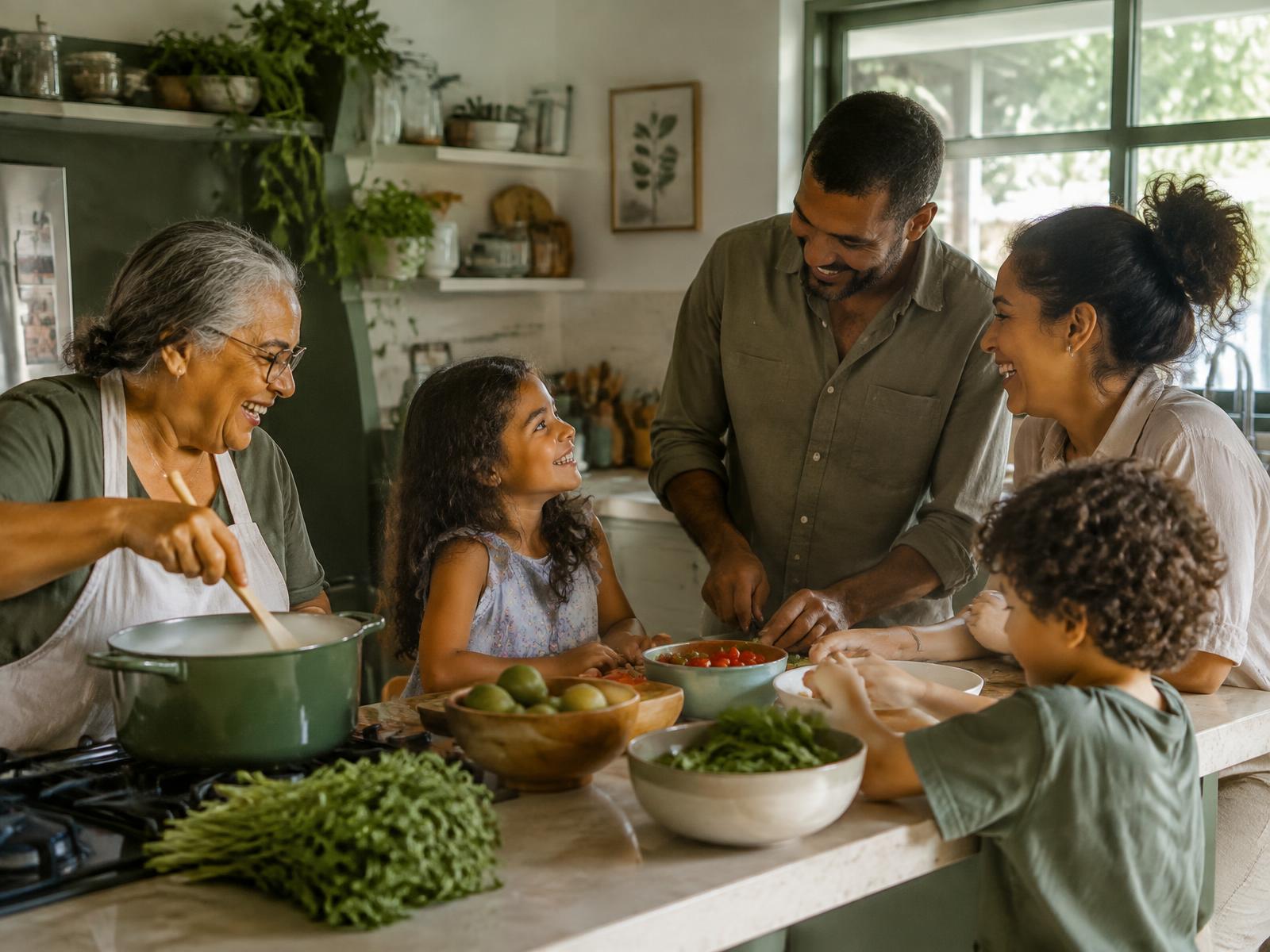 Família de três gerações cozinhando junta e conversando em uma cozinha iluminada